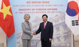 Phó Thủ tướng Phạm Bình Minh đón tiếp Ngoại trưởng Hàn Quốc Kang Kyung Wha. (Ảnh: Mofa)