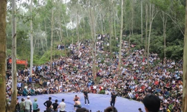 Hàng nghìn người phủ kín dưới chân núi xem các đô vật khoe sức mạnh