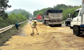 CSGT xúc cát ngăn vết dầu loang trên quốc lộ