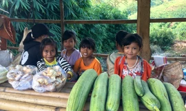 Thời điểm 10h sáng các em nhỏ ở các làng thuộc xã Đắk Trăm bày những sản vật lấy từ rừng ra bán