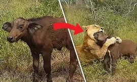 Trâu non ngơ ngác chưa hiểu chuyện gì xảy ra thì đã bị sư tử tấn công.