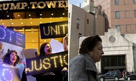 Bên trái là đám đông tập trung trước tháp Trump tại Manhattan, bên phải là cảnh tượng bên ngoài văn phòng tranh cử của bà Clinton ở Brooklyn. Ảnh: Washington Post