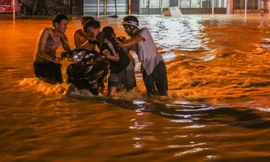 Lũ xuống bất ngờ, xe cộ "bơi" trong biển nước. Ảnh: Trương Định