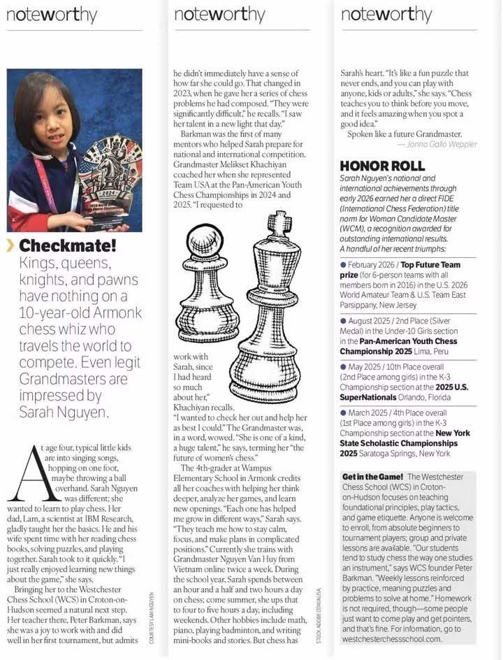 Nguyễn Hà My Sarah xuất hiện trên tạp chí Westchester, Mỹ nhờ thành tích nổi bật về cờ vua.