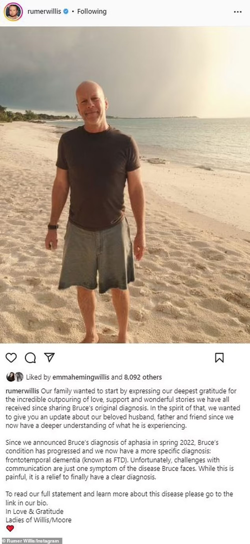Gia đình thông báo tình trạng sức khỏe hiện tại của Bruce Willis trên Instagram. Ảnh chụp màn hình.