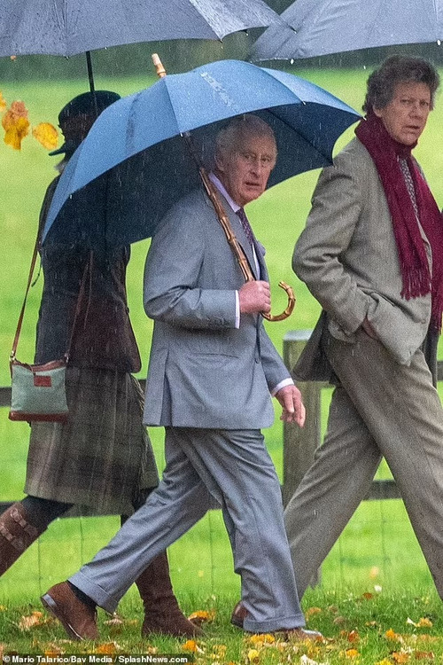 Vua Charles cầm chiếc ô khác biệt với những người xung quanh. Ảnh: SplashNews.