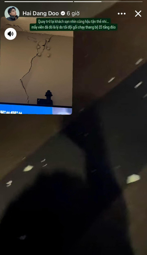 Hải Đăng Doo mô tả khách sạn sau động đất giống như hậu tận thế. Nguồn: FBNV. Hải Đăng Doo mô tả khách sạn sau động đất giống như hậu tận thế. Nguồn: FBNV.