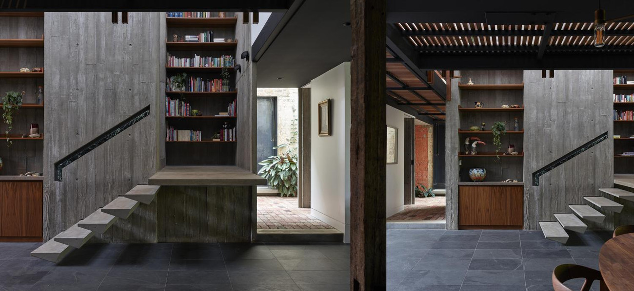 Trụ lõi bê tông ở trung tâm nhà kho được lắp thêm cầu thang bằng gỗ, dẫn đến các khu vực phòng giặt, phòng tắm và phòng để đồ.