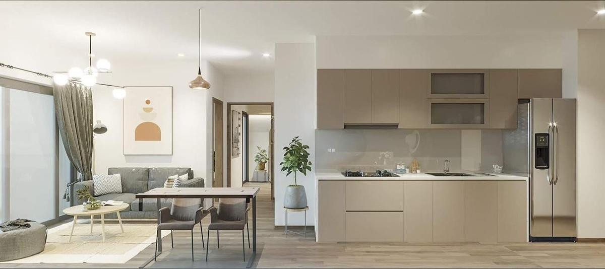 Khu vực bếp thông với phòng khách, tạo sự tiện nghi cho gia chủ. Các chi tiết trong căn hộ đều toát lên sự trang nhã, nhẹ nhàng.