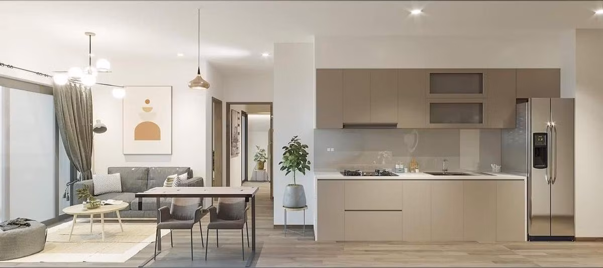 Khu vực bếp thông với phòng khách, tạo sự tiện nghi cho gia chủ. Các chi tiết trong căn hộ đều toát lên sự trang nhã, nhẹ nhàng.