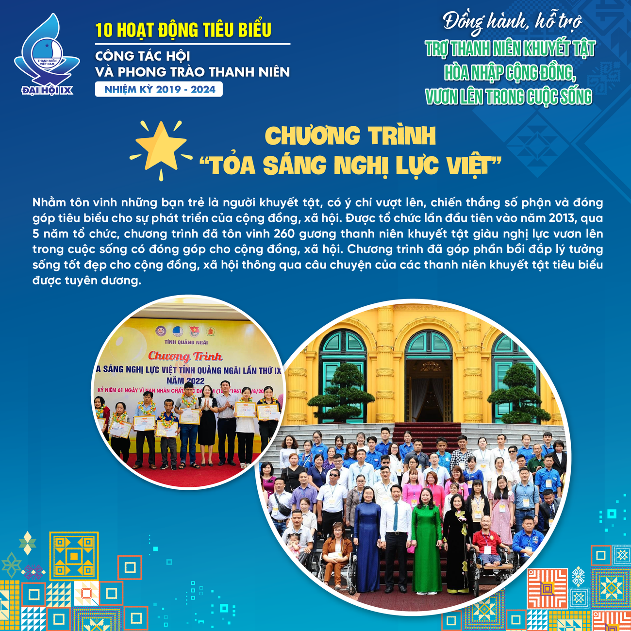 Trong nhiệm kỳ, các cấp bộ Hội đã tổ chức 13.718 hoạt động hỗ trợ cho 75.793 lượt thanh niên khuyết tật với tổng trị giá gần 200 tỷ đồng.