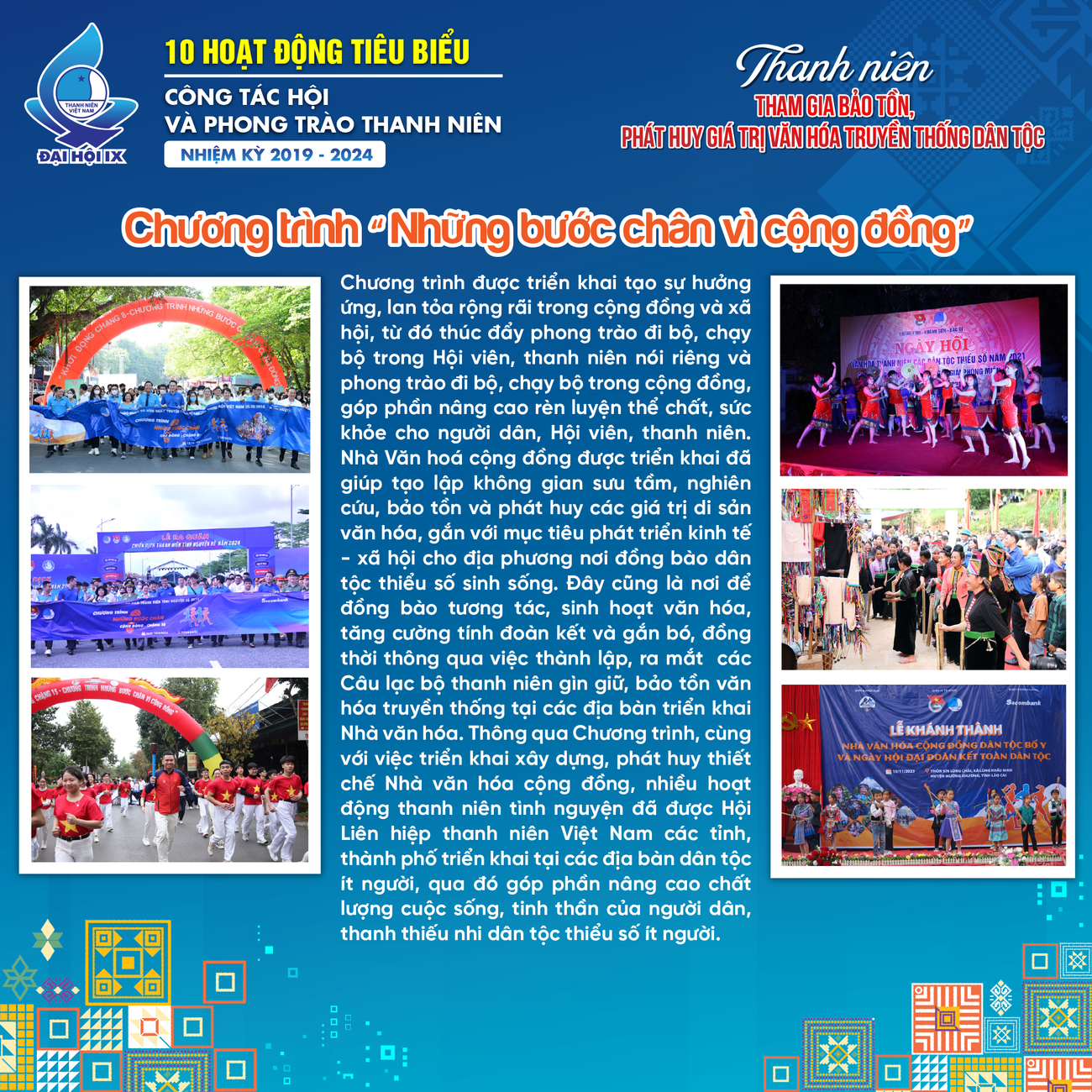 Trong nhiệm kỳ vừa qua, các cấp bộ Hội và tuổi trẻ cả nước đã đóng vai trò tích cực trong tham gia bảo tồn các giá trị văn hoá truyền thống của dân tộc thông qua các hoạt động cụ thể, thiết thực.