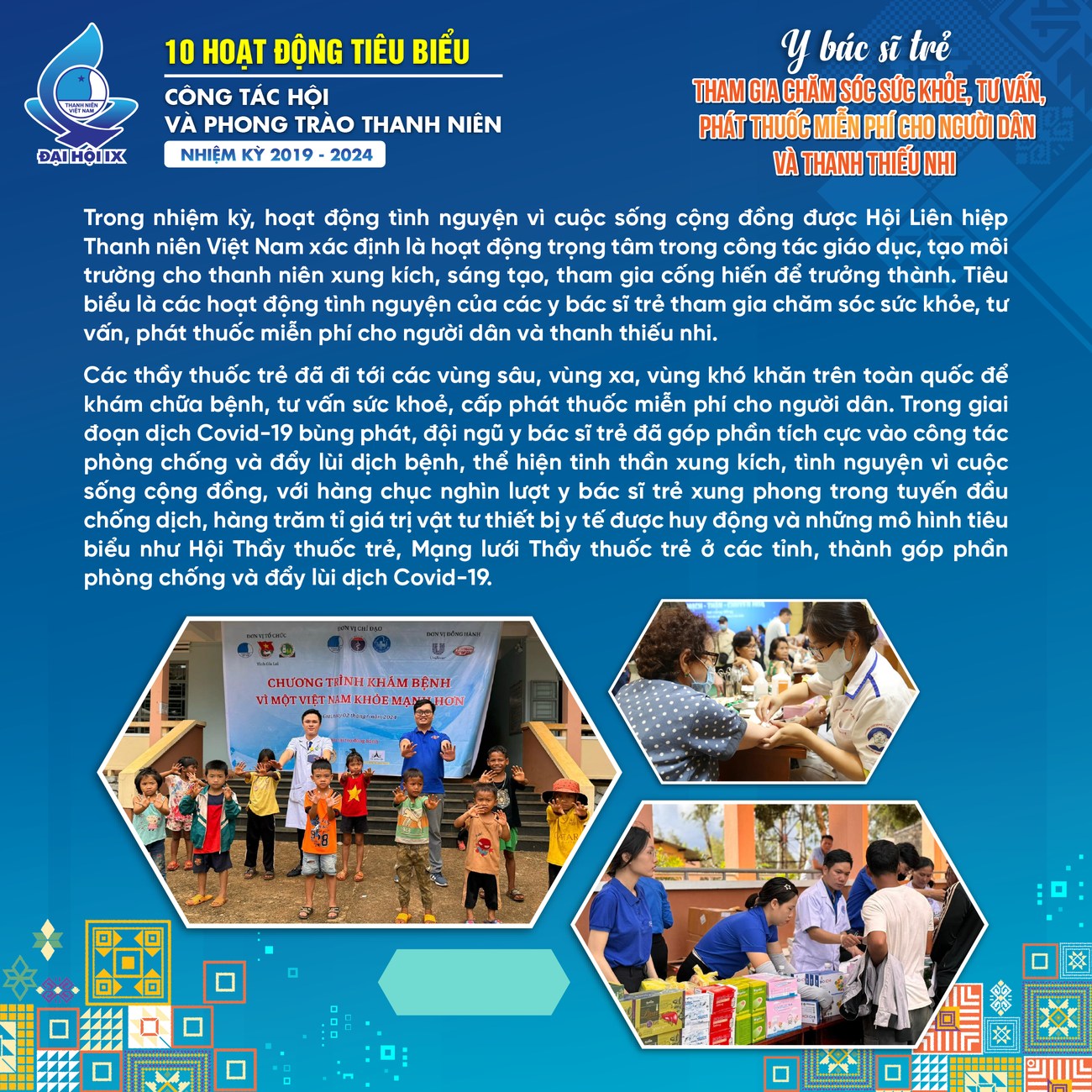 Với phương châm “Ở đâu có thầy thuốc trẻ, ở đó có hoạt động tình nguyện vì sức khỏe cộng đồng”, trong nhiệm kỳ vừa qua, các thầy thuốc trẻ đã cống hiến, đóng góp tri thức, sức trẻ và nhiệt huyết cho sự nghiệp bảo vệ, chăm sóc và nâng cao sức khỏe Nhân dân. Đồng thời, tiếp tục khẳng định vai trò, vị trí và uy tín của tổ chức Hội LHTN Việt Nam, Hội Thầy thuốc trẻ đối với thanh niên và xã hội.