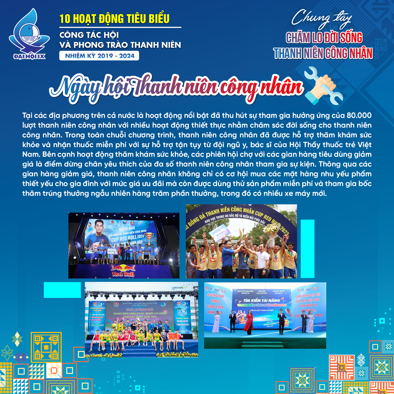 Ngày hội Thanh niên công nhân tại các địa phương trên cả nước là hoạt động nổi bật đã thu hút sự tham gia hưởng ứng của 80.000 lượt thanh niên công nhân, với nhiều hoạt động thiết thực nhằm chăm sóc đời sống cho thanh niên công nhân.