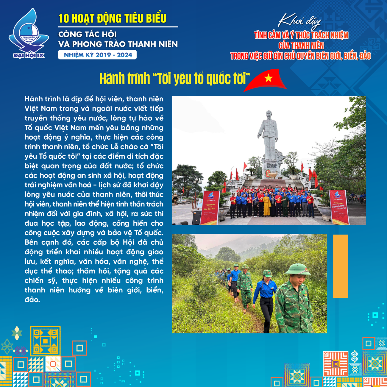 Trong nhiệm kỳ vừa qua, các cấp bộ Hội trên cả nước đã tổ chức 18.280 hoạt động hướng về biên giới, biển, đảo thu hút sự tham gia của gần 2,5 triệu lượt hội viên, thanh niên.
