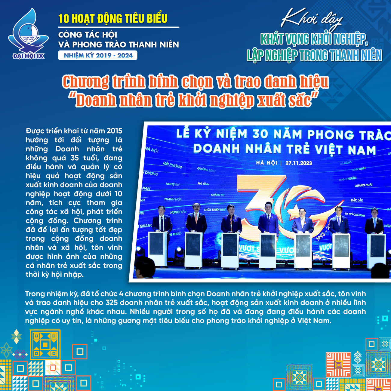 Nổi bật là các hoạt động định kỳ được tổ chức như: giải thưởng “Sao Đỏ - Doanh nhân trẻ Việt Nam tiêu biểu”, Giải thưởng “Sao Vàng đất Việt”, Chương trình bình chọn và trao danh hiệu “Doanh nhân trẻ khởi nghiệp xuất sắc”.