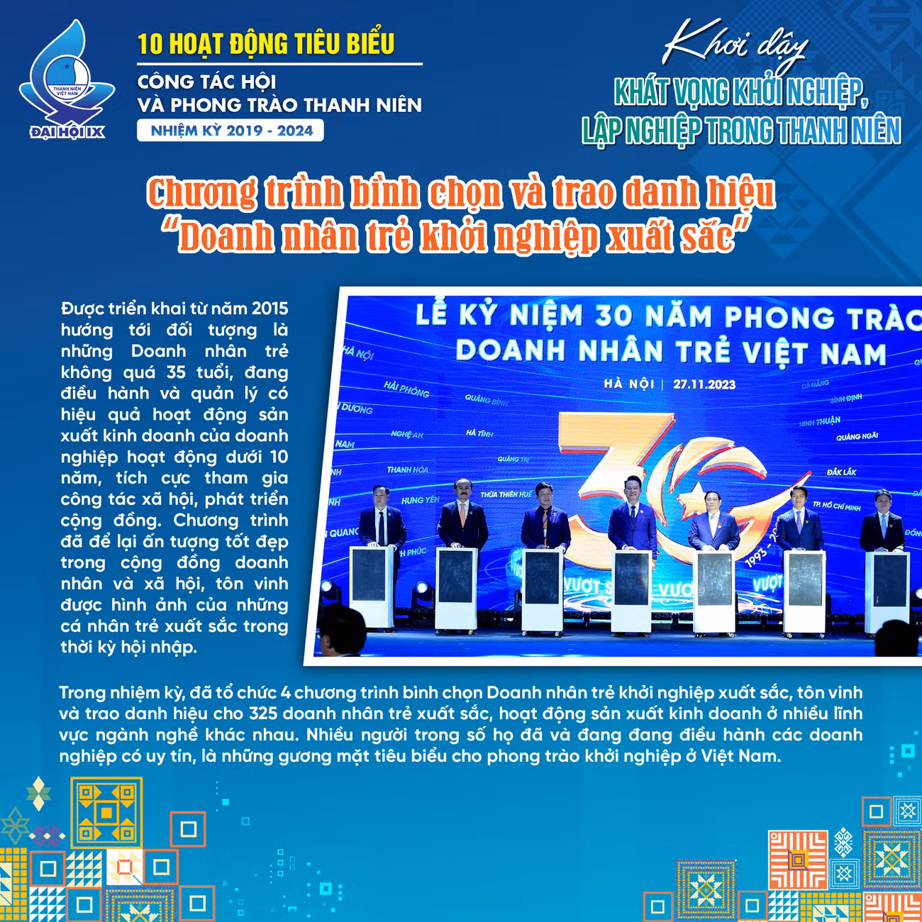 Nổi bật là các hoạt động định kỳ được tổ chức như: giải thưởng “Sao Đỏ - Doanh nhân trẻ Việt Nam tiêu biểu”, Giải thưởng “Sao Vàng đất Việt”, Chương trình bình chọn và trao danh hiệu “Doanh nhân trẻ khởi nghiệp xuất sắc”.