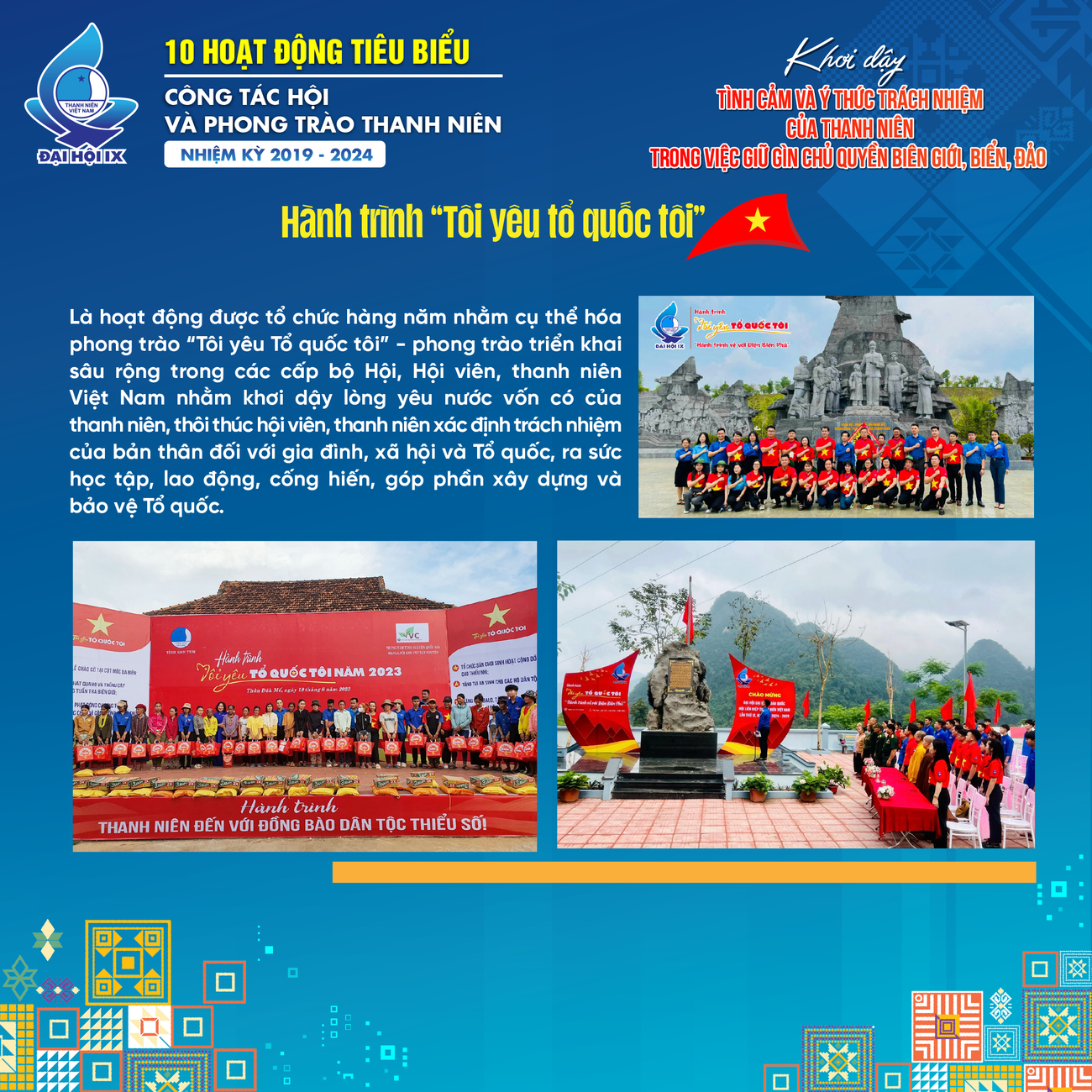 Trong nhiệm kỳ vừa qua, các cấp bộ Hội trên cả nước đã tổ chức 18.280 hoạt động hướng về biên giới, biển, đảo thu hút sự tham gia của gần 2,5 triệu lượt hội viên, thanh niên.