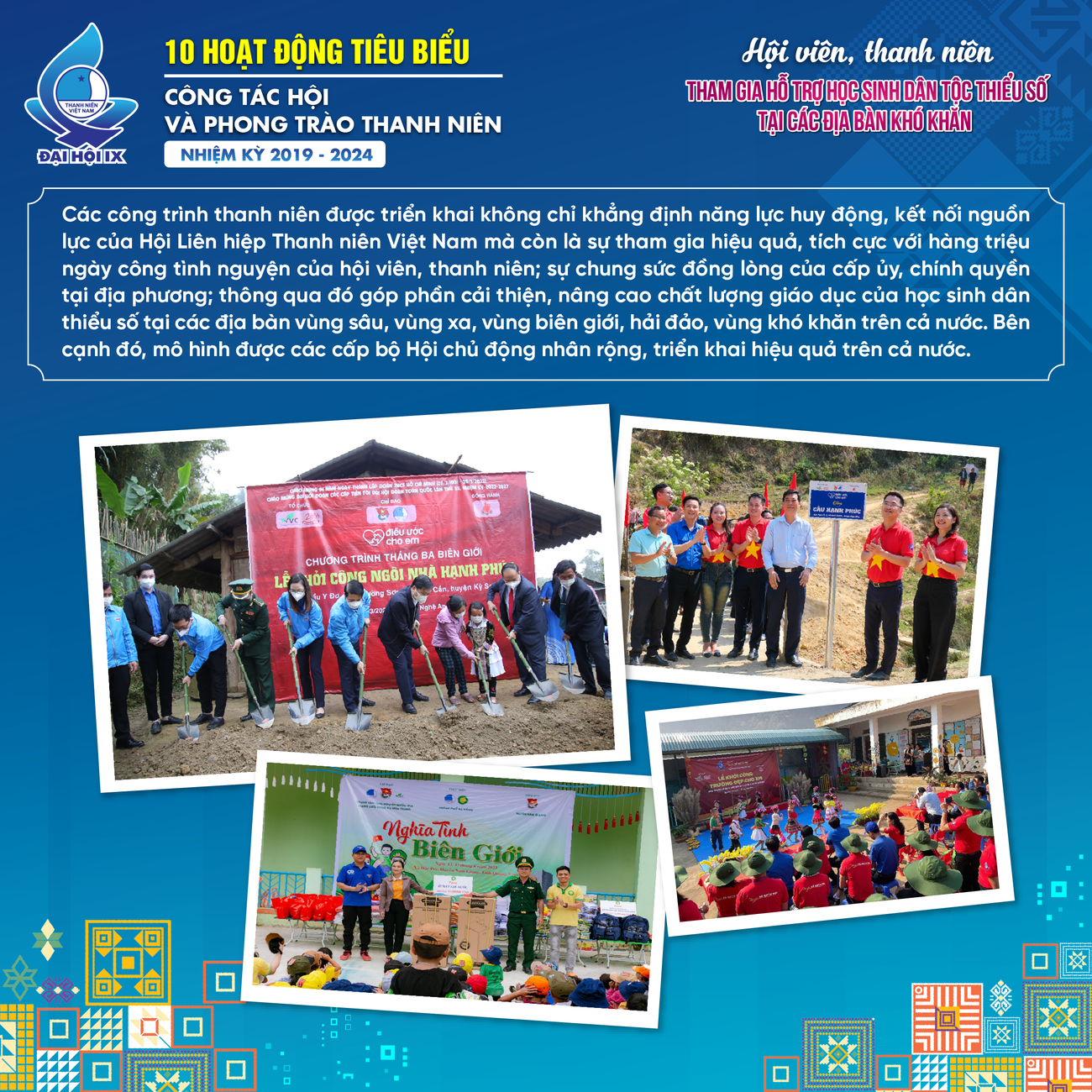 Trong nhiệm kỳ vừa qua, các cấp bộ Hội LHTN Việt Nam đã tổ chức nhiều hoạt động thăm hỏi, tặng quà, thực hiện các công trình an sinh xã hội, xây tặng nhà cho học sinh mồ côi, học sinh dân tộc thiểu số tại các địa bàn khó khăn.