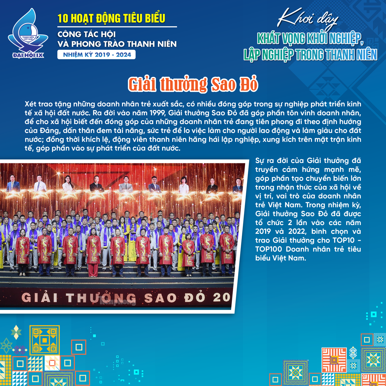 Nổi bật là các hoạt động định kỳ được tổ chức như: giải thưởng “Sao Đỏ - Doanh nhân trẻ Việt Nam tiêu biểu”, Giải thưởng “Sao Vàng đất Việt”, Chương trình bình chọn và trao danh hiệu “Doanh nhân trẻ khởi nghiệp xuất sắc”.