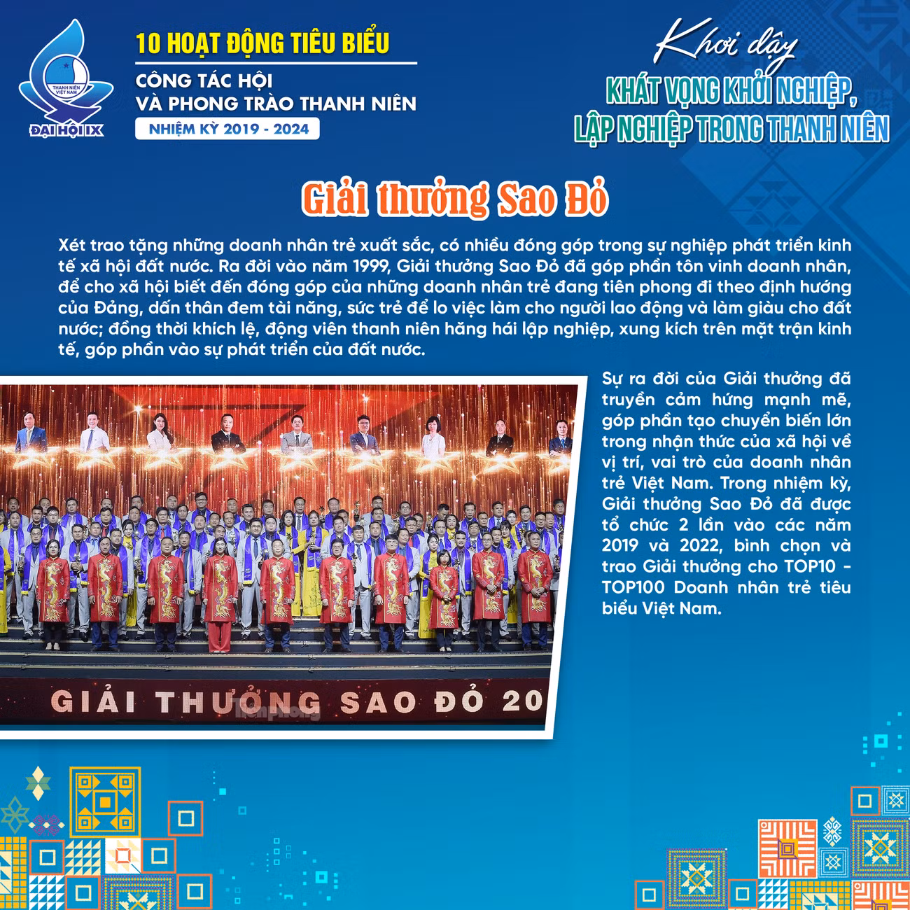 Nổi bật là các hoạt động định kỳ được tổ chức như: giải thưởng “Sao Đỏ - Doanh nhân trẻ Việt Nam tiêu biểu”, Giải thưởng “Sao Vàng đất Việt”, Chương trình bình chọn và trao danh hiệu “Doanh nhân trẻ khởi nghiệp xuất sắc”.