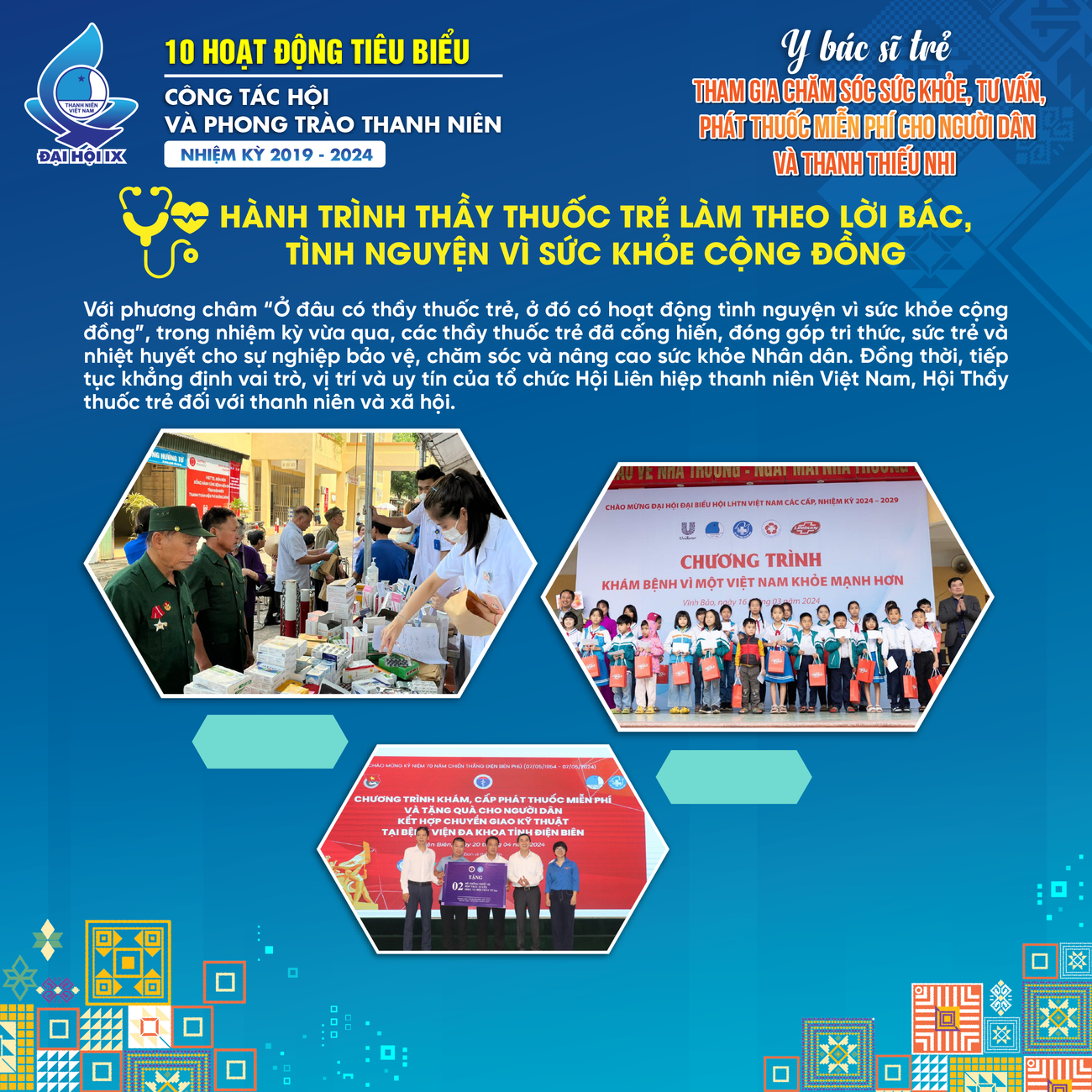 Với phương châm “Ở đâu có thầy thuốc trẻ, ở đó có hoạt động tình nguyện vì sức khỏe cộng đồng”, trong nhiệm kỳ vừa qua, các thầy thuốc trẻ đã cống hiến, đóng góp tri thức, sức trẻ và nhiệt huyết cho sự nghiệp bảo vệ, chăm sóc và nâng cao sức khỏe Nhân dân. Đồng thời, tiếp tục khẳng định vai trò, vị trí và uy tín của tổ chức Hội LHTN Việt Nam, Hội Thầy thuốc trẻ đối với thanh niên và xã hội.