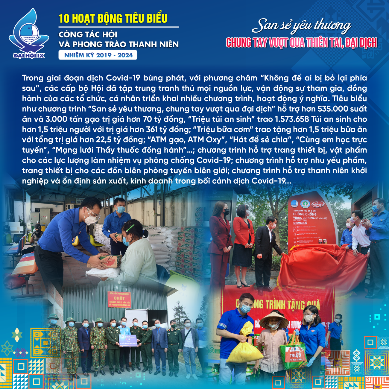 Trong nhiệm kỳ, các cấp bộ Hội triển khai kịp thời các công trình, phần việc thanh niên, các sáng kiến vì cộng đồng, đảm bảo thực hiện mục tiêu kép, vừa phát triển kinh tế - xã hội, vừa tham gia khắc phục, phòng chống thiên tai, dịch bệnh, đạt được nhiều kết quả tích cực, tạo dấu ấn đậm nét, được cộng đồng, xã hội ghi nhận và đánh giá cao.