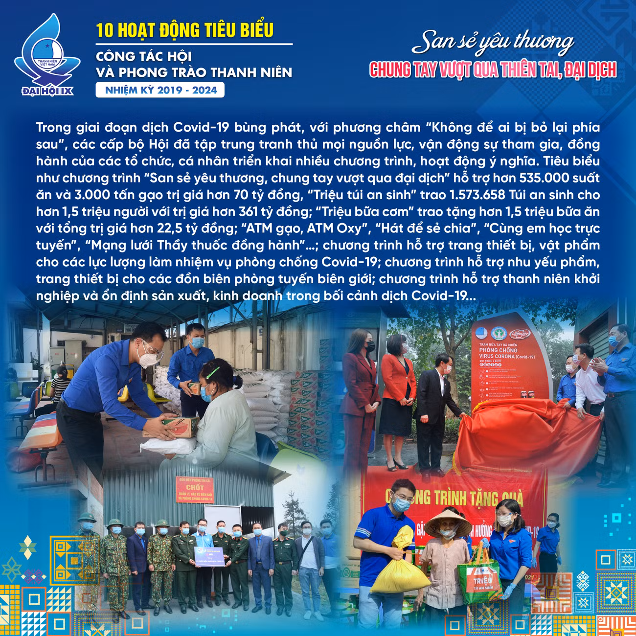 Trong nhiệm kỳ, các cấp bộ Hội triển khai kịp thời các công trình, phần việc thanh niên, các sáng kiến vì cộng đồng, đảm bảo thực hiện mục tiêu kép, vừa phát triển kinh tế - xã hội, vừa tham gia khắc phục, phòng chống thiên tai, dịch bệnh, đạt được nhiều kết quả tích cực, tạo dấu ấn đậm nét, được cộng đồng, xã hội ghi nhận và đánh giá cao.
