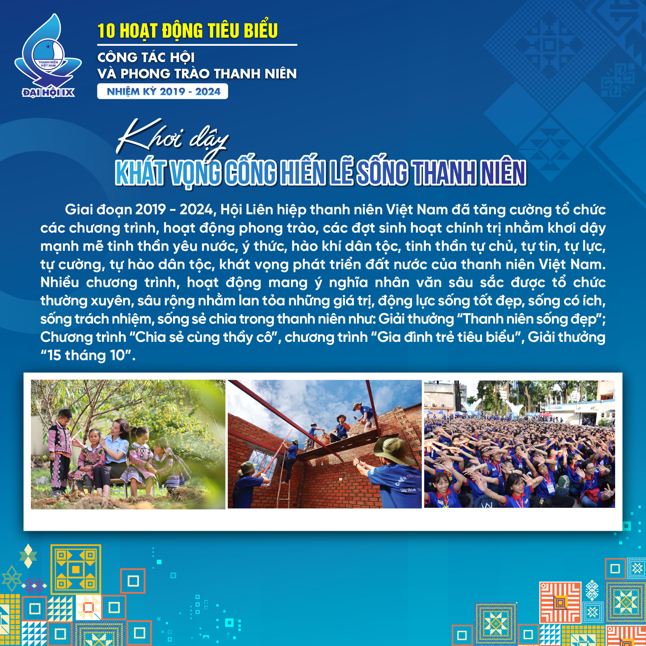Nhiều chương trình, hoạt động mang ý nghĩa nhân văn sâu sắc được tổ chức thường xuyên, sâu rộng nhằm lan tỏa những giá trị, động lực sống tốt đẹp, sống có ích, sống trách nhiệm, sống sẻ chia trong thanh niên như: Giải thưởng “Thanh niên sống đẹp”; Chương trình “Chia sẻ cùng thầy cô”, chương trình “Gia đình trẻ tiêu biểu”, Giải thưởng “15 tháng 10”...