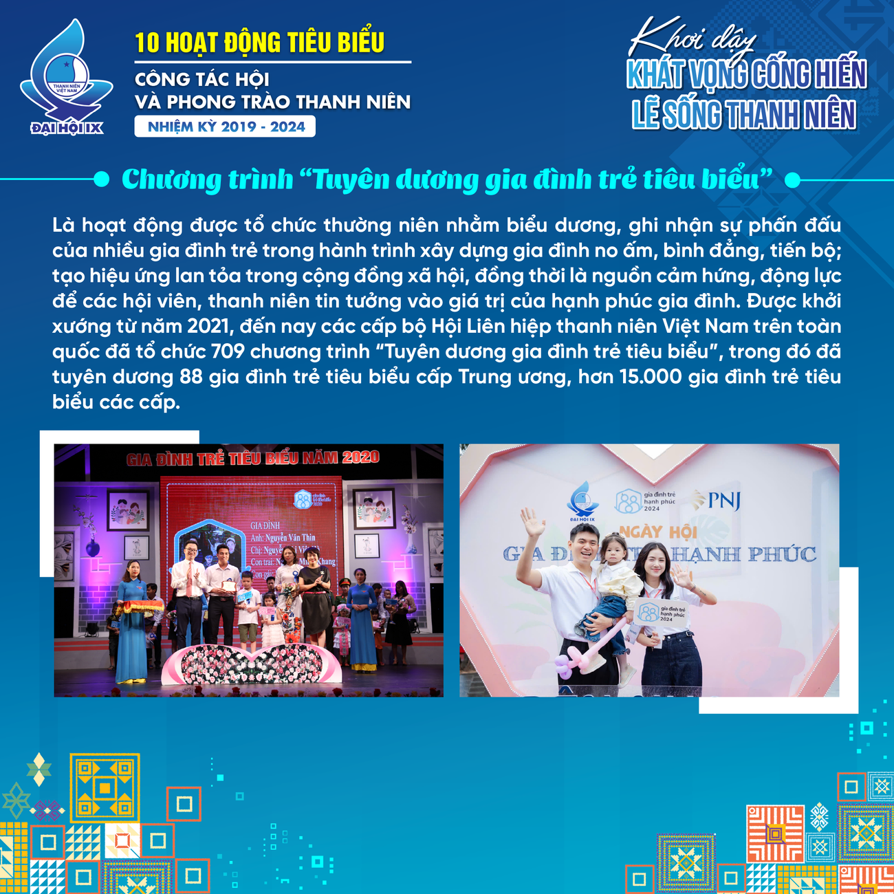 Nhiều chương trình, hoạt động mang ý nghĩa nhân văn sâu sắc được tổ chức thường xuyên, sâu rộng nhằm lan tỏa những giá trị, động lực sống tốt đẹp, sống có ích, sống trách nhiệm, sống sẻ chia trong thanh niên như: Giải thưởng “Thanh niên sống đẹp”; Chương trình “Chia sẻ cùng thầy cô”, chương trình “Gia đình trẻ tiêu biểu”, Giải thưởng “15 tháng 10”...