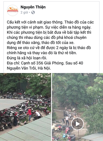 Dòng trạng thái và clip tố CSGT câu kết với nhóm thanh niên tháo đồ xe vi phạm. Ảnh: Chụp màn hình. Thực hư clip tố CSGT câu kết với kẻ gian tháo đồ xe vi phạm ảnh 1