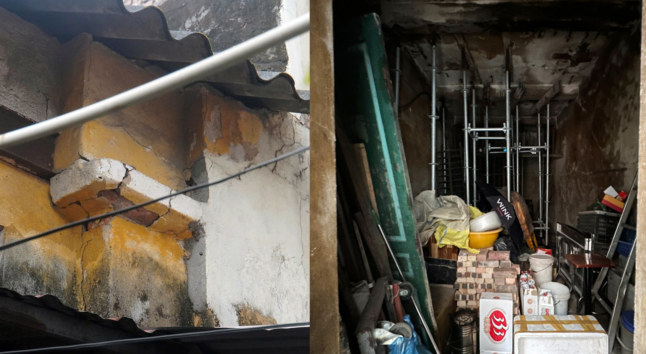 Cận cảnh bếp khu tập thể Phạm Bá Trực được chống trên, kích dưới tránh sập và vết nứt lớn ở đầu hồi khu tập thể.