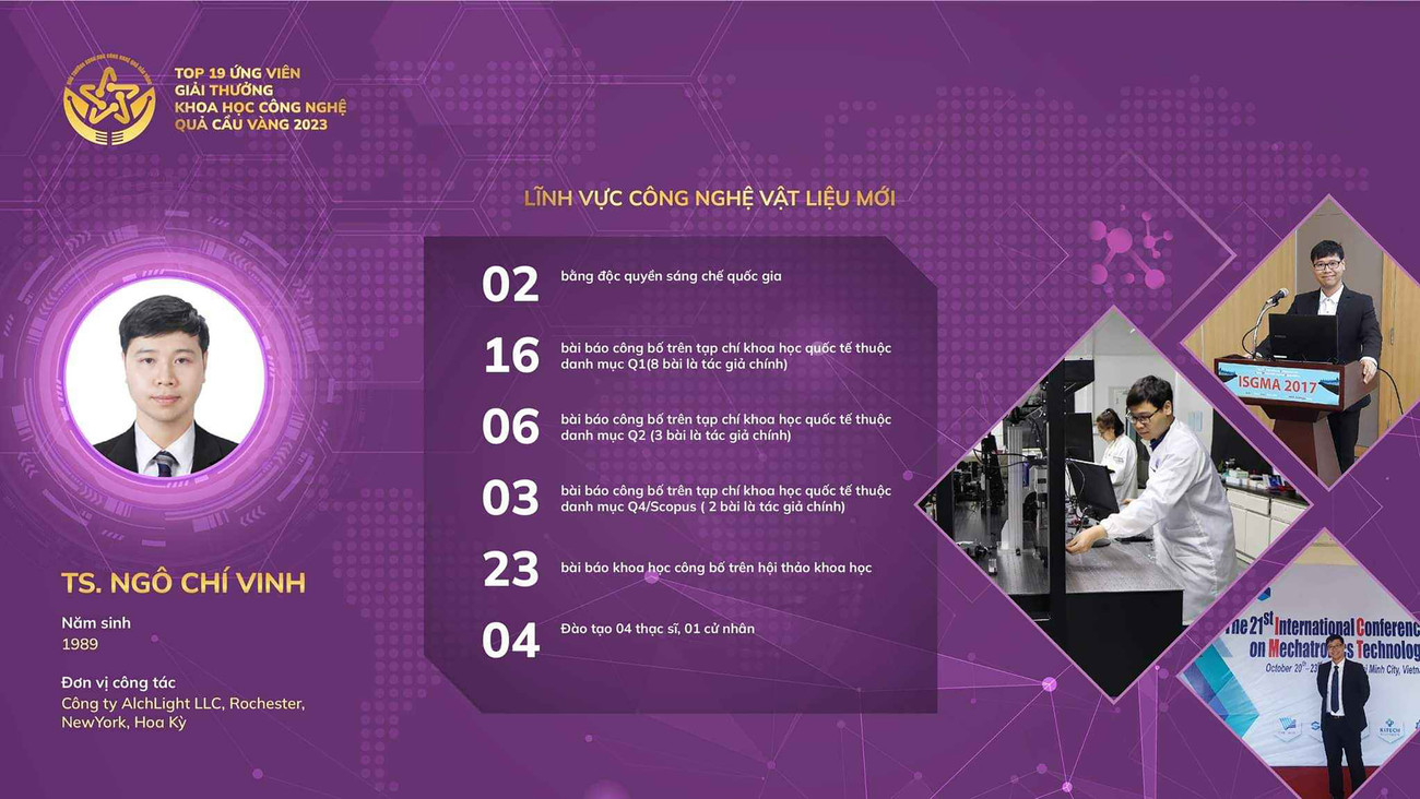 TS Ngô Chí Vinh, SN 1989, Công ty AlchLight LLC, Rochester, New York, Hoa Kỳ. TS Ngô Chí Vinh, SN 1989, Công ty AlchLight LLC, Rochester, New York, Hoa Kỳ.
