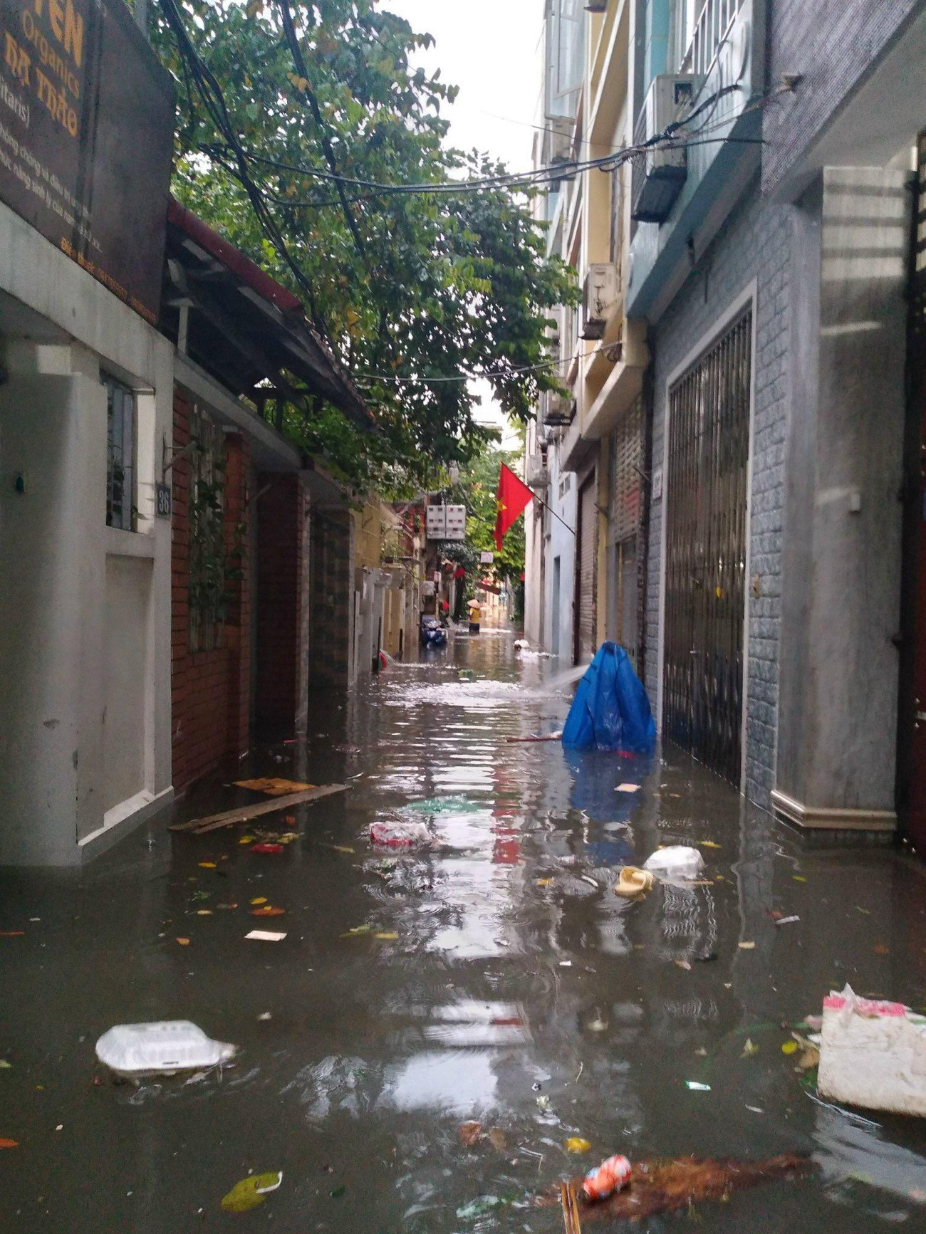 Rác thải nổi lềnh phềnh trôi dạt sau cơn mưa lớn chiều nay tại các ngõ phố Hoa Bằng, Cầu Giấy.