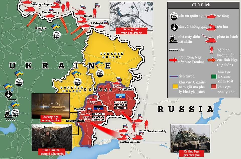 Các căn cứ quân sự, nhà máy điện hạt nhân, cầu, hướng triển khai quân của phía Nga. Đồ họa: Mail Online/Thái An.