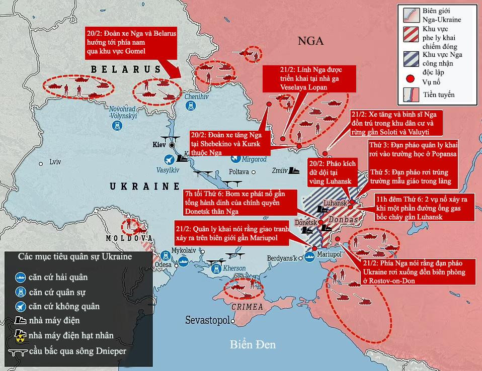 Các mục tiêu quân sự Ukraine và một số động thái của phía Nga từ ngày 20/2. Đồ họa: Mail Online/Thái An.
