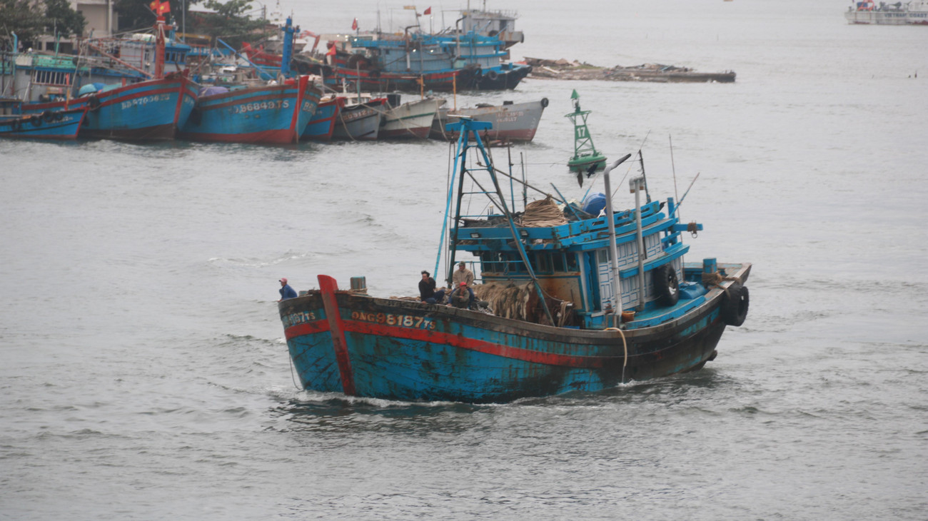 Một tàu cá của ngư dân Quảng Ngãi từ biển chạy vào tránh bão ở vịnh Mân Quang.