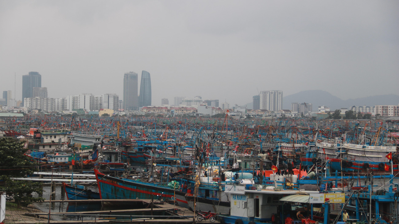 Hàng ngàn tàu thuyền của ngư dân miền Trung sáng 18/12 đã về neo đậu kín âu thuyền Thọ Quang để trú tránh cơn bão số 9 đang di chuyển vào hướng đất liền. Theo dự báo, đây sẽ là siêu bão có sức gió mạnh vùng gần tâm bão cấp 14, giật cấp 17. Ảnh: Nguyễn Thành