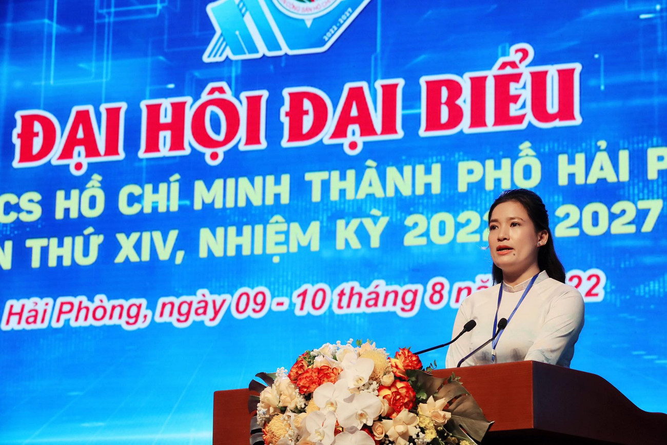 Chị Vương Toàn Thu Thủy - Bí thư Thành Đoàn Hải Phòng khóa XIII, phát biểu khai mạc Đại hội