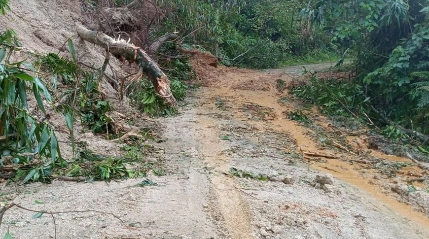 Một vị trí trên đường Trường Sơn Đông, đoạn qua huyện Kon Plông, bị sạt lở nghiêm trọng do ảnh hưởng của mưa lũ. (Ảnh: TTXVN)