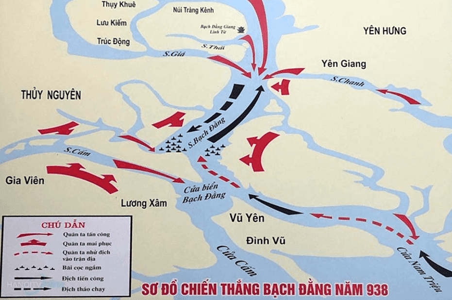Sơ đồ chiến thắng Bạch Đằng năm 938. Ảnh: Tư liệu mô phỏng, Bảo tàng Hải Phòng