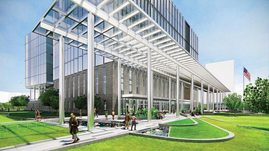 Thiết kế khoảng sân của trụ sở Đại sứ quán Mỹ mới, nằm trên đường Phạm Văn Bạch, quận Cầu Giấy, Hà Nội. Ảnh: EYP Architecture &amp; Engineering.