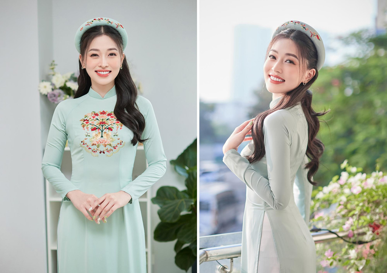 Trong lễ ăn hỏi sáng nay, Á hậu Phương Nga diện áo dài, khăn đóng màu xanh pastel nền nã và duyên dáng.