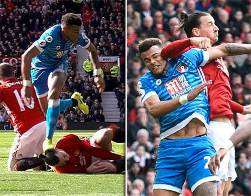 Sau khi bị Mings dẫm vào đầu (trái), Ibrahimovic đã có hành vi trả đũa.
