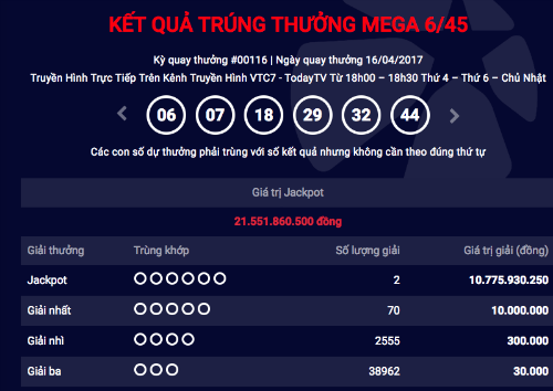 Hai vé số trúng giải độc đắc kỳ quay tối 16/4. Ảnh chụp màn hình 