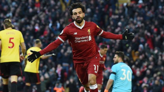 Salah ăn mừng sau khi ghi bàn thắng vào lưới Watford