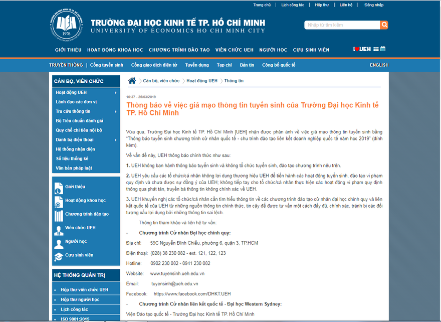 Trường ĐH Kinh tế TPHCM cảnh báo bị giả mạo lừa đảo đóng học phí