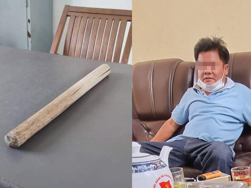 Một trong ba đối tượng đánh nhóm phóng viên bị công an mời lên làm việc, bên cạnh là thanh gậy gỗ gây án. Ảnh: Công an cung cấp