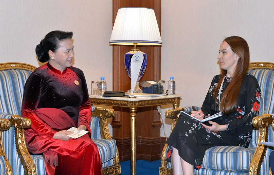 Chủ tịch Quốc hội Nguyễn Thị Kim Ngân hội kiến Chủ tịch IPU Gabriela Cuevas Barron. (Ảnh: Trọng Đức/TTXVN)