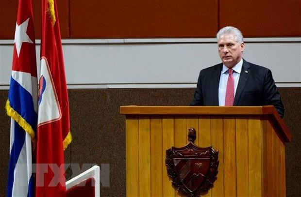 Ông Miguel Diaz-Canel, người vừa được bầu làm Bí thư thứ nhất Đảng Cộng sản Cuba (PCC), phát biểu tại phiên bế mạc Đại hội lần thứ VIII PCC, ở La Habana, ngày 19/4/2021. (Nguồn: AFP/TTXVN)